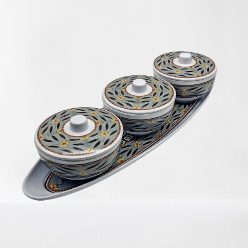 Temp-Tations Melamine Old World Grey Oval Tray & 3 Covered Bowls